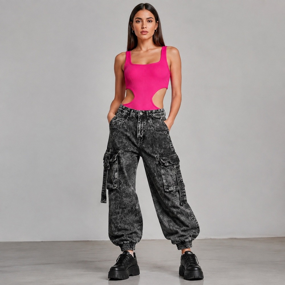 Garage Acid Wash Cargo Jogger Jeans & Hot Pink Cutout Bodysuit Set Womens 00/23
